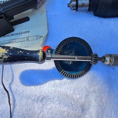 An Assortment of drills and tools, some newer, some vintage