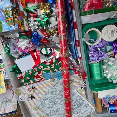 Wrapping paper - Bows - Gift labels - Greeting cards in two long lidded totes and more !