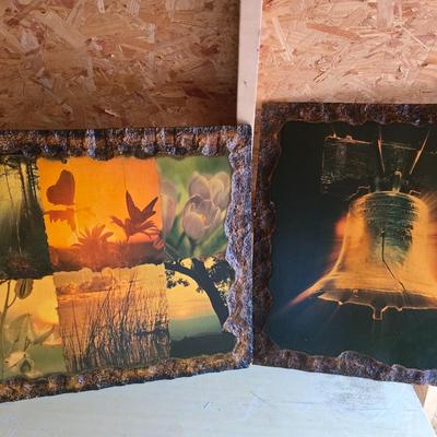 Pair of wooden wall plaques - decoupage wall art - liberty bell and nature scenes