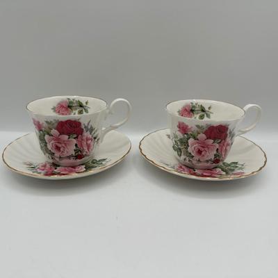 Pair of Allyn Nelson Fine Bone China Rose Teacup & Saucer Sets – Made in England