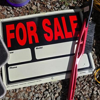 Two wheeled dolly - rope - For Sale sign - automotive fluid - snow /ice scraper and a pair of floor mats