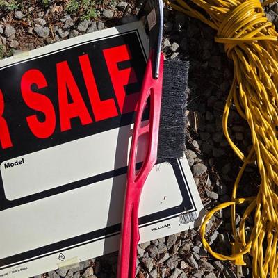 Two wheeled dolly - rope - For Sale sign - automotive fluid - snow /ice scraper and a pair of floor mats