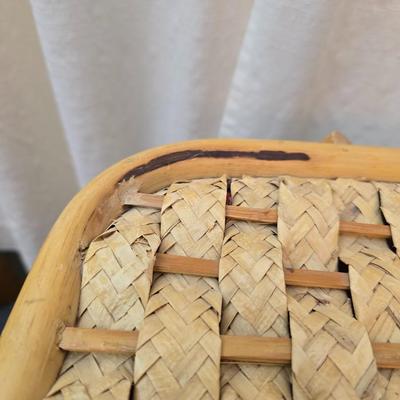 Wicker picnic basket with plastic plates - Melmac like plates - flatware and a can opener