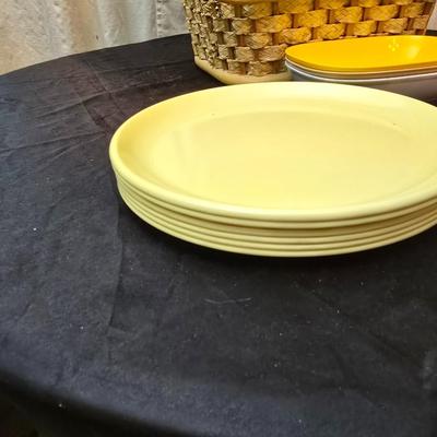 Wicker picnic basket with plastic plates - Melmac like plates - flatware and a can opener