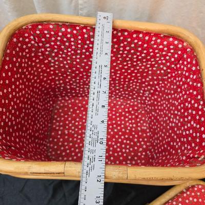 Wicker picnic basket with plastic plates - Melmac like plates - flatware and a can opener