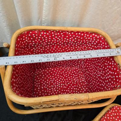 Wicker picnic basket with plastic plates - Melmac like plates - flatware and a can opener