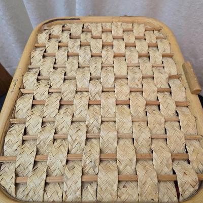 Wicker picnic basket with plastic plates - Melmac like plates - flatware and a can opener
