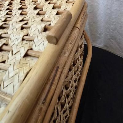 Wicker picnic basket with plastic plates - Melmac like plates - flatware and a can opener