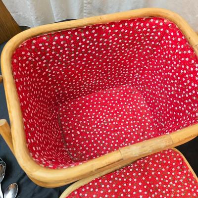 Wicker picnic basket with plastic plates - Melmac like plates - flatware and a can opener