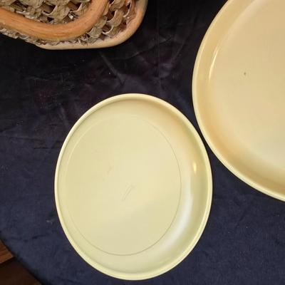 Wicker picnic basket with plastic plates - Melmac like plates - flatware and a can opener