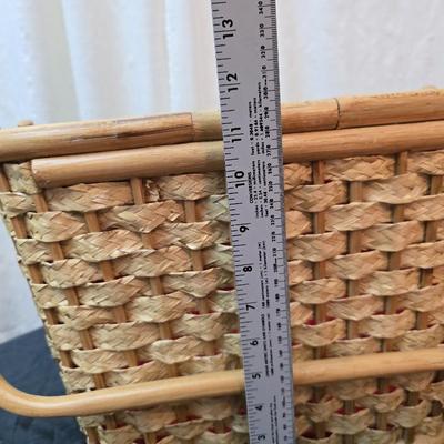 Wicker picnic basket with plastic plates - Melmac like plates - flatware and a can opener