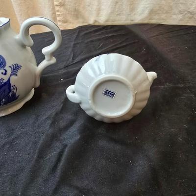 Beautiful Japan marked blue floral print tea pot - miniature oil lamp with blue - and a Colbalt blue candleholder