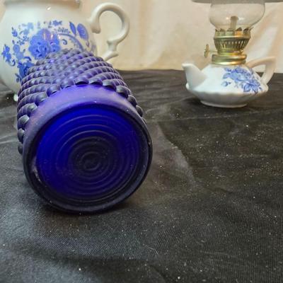 Beautiful Japan marked blue floral print tea pot - miniature oil lamp with blue - and a Colbalt blue candleholder