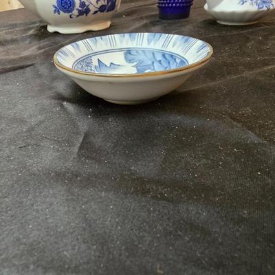 Beautiful Japan marked blue floral print tea pot - miniature oil lamp with blue - and a Colbalt blue candleholder