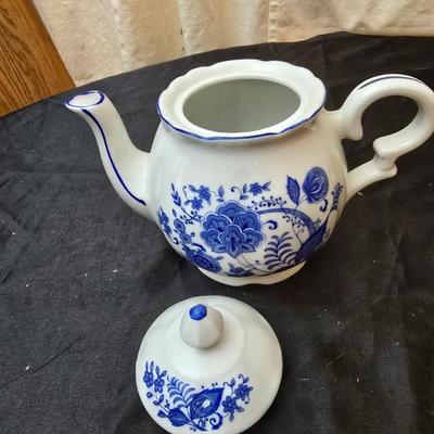 Beautiful Japan marked blue floral print tea pot - miniature oil lamp with blue - and a Colbalt blue candleholder