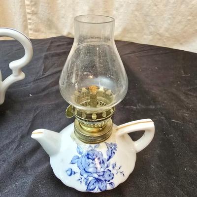 Beautiful Japan marked blue floral print tea pot - miniature oil lamp with blue - and a Colbalt blue candleholder
