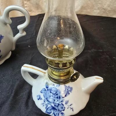 Beautiful Japan marked blue floral print tea pot - miniature oil lamp with blue - and a Colbalt blue candleholder