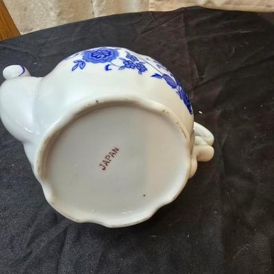 Beautiful Japan marked blue floral print tea pot - miniature oil lamp with blue - and a Colbalt blue candleholder