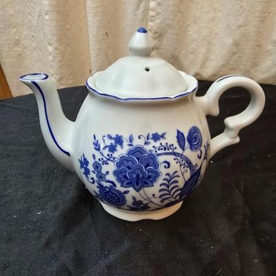 Beautiful Japan marked blue floral print tea pot - miniature oil lamp with blue - and a Colbalt blue candleholder
