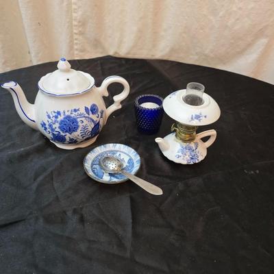 Beautiful Japan marked blue floral print tea pot - miniature oil lamp with blue - and a Colbalt blue candleholder