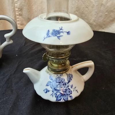 Beautiful Japan marked blue floral print tea pot - miniature oil lamp with blue - and a Colbalt blue candleholder