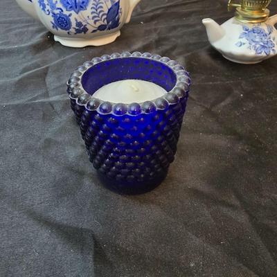 Beautiful Japan marked blue floral print tea pot - miniature oil lamp with blue - and a Colbalt blue candleholder