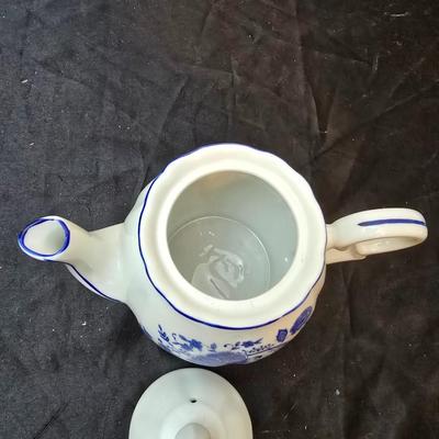 Beautiful Japan marked blue floral print tea pot - miniature oil lamp with blue - and a Colbalt blue candleholder