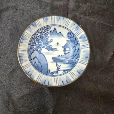 Beautiful Japan marked blue floral print tea pot - miniature oil lamp with blue - and a Colbalt blue candleholder