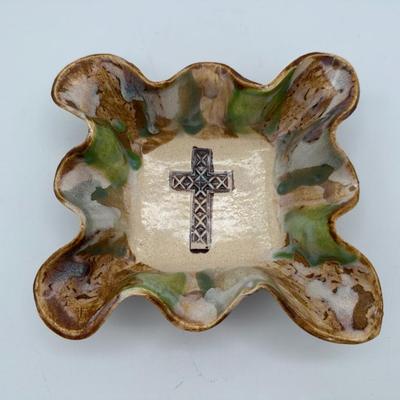 Signed Studio Pottery Bowl with Cross Motif