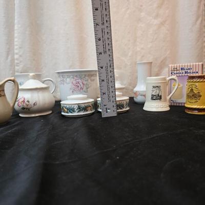 Porcelain glassware - vases - candle holders - sugar dish - small mugs and more