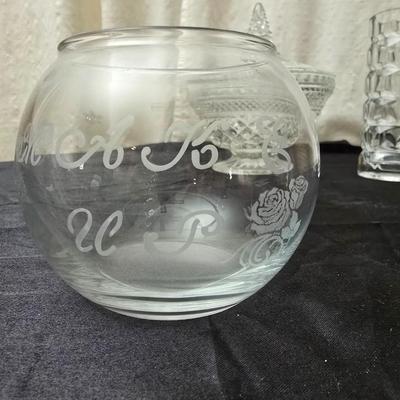 Vintage pressed and etched glassware - covered candy dish - Avon vase - etched bowl and more