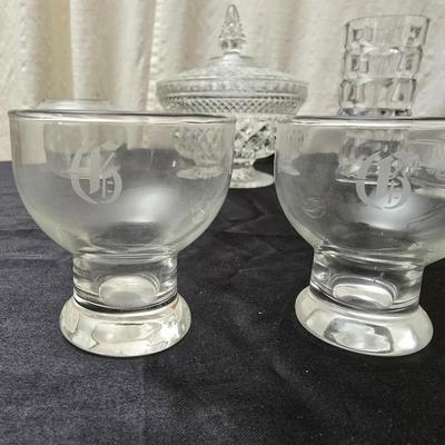 Vintage pressed and etched glassware - covered candy dish - Avon vase - etched bowl and more