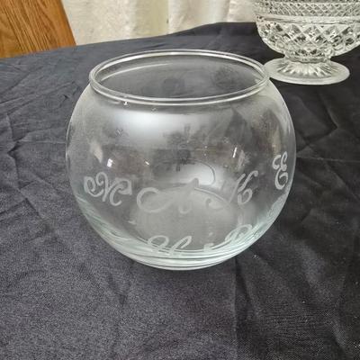 Vintage pressed and etched glassware - covered candy dish - Avon vase - etched bowl and more