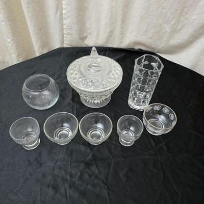 Vintage pressed and etched glassware - covered candy dish - Avon vase - etched bowl and more