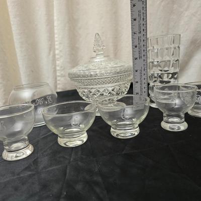 Vintage pressed and etched glassware - covered candy dish - Avon vase - etched bowl and more