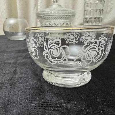 Vintage pressed and etched glassware - covered candy dish - Avon vase - etched bowl and more