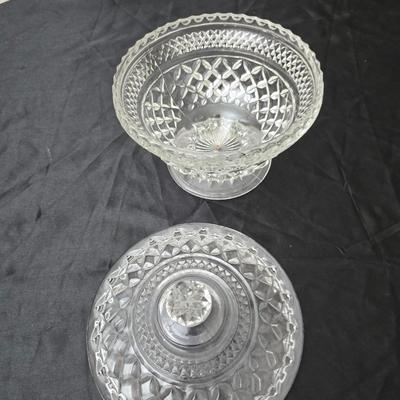 Vintage pressed and etched glassware - covered candy dish - Avon vase - etched bowl and more