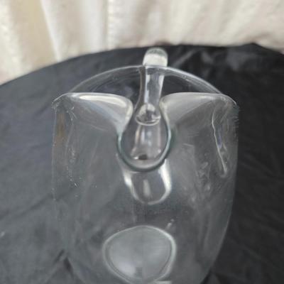 Large clear glass water pitcher with 6 stemmed glasses