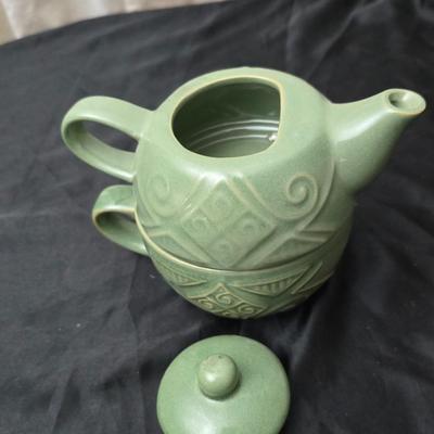 Vintage Mlesna tea pot with Green Accent trim - Pier 1 tea pot - sugar bowl and tea strainers