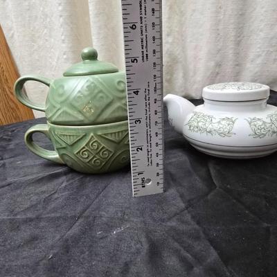 Vintage Mlesna tea pot with Green Accent trim - Pier 1 tea pot - sugar bowl and tea strainers