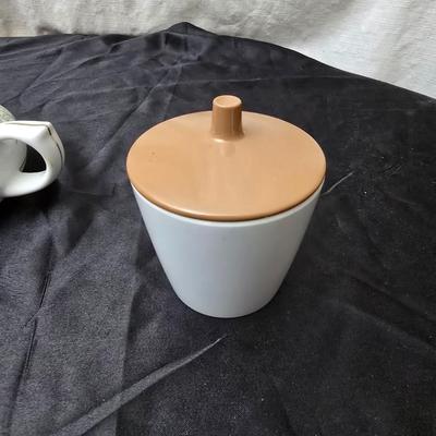 Vintage Mlesna tea pot with Green Accent trim - Pier 1 tea pot - sugar bowl and tea strainers