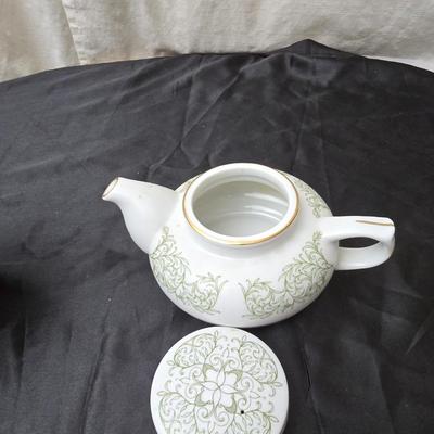 Vintage Mlesna tea pot with Green Accent trim - Pier 1 tea pot - sugar bowl and tea strainers
