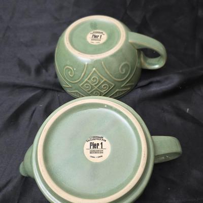 Vintage Mlesna tea pot with Green Accent trim - Pier 1 tea pot - sugar bowl and tea strainers