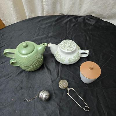 Vintage Mlesna tea pot with Green Accent trim - Pier 1 tea pot - sugar bowl and tea strainers