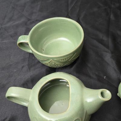 Vintage Mlesna tea pot with Green Accent trim - Pier 1 tea pot - sugar bowl and tea strainers