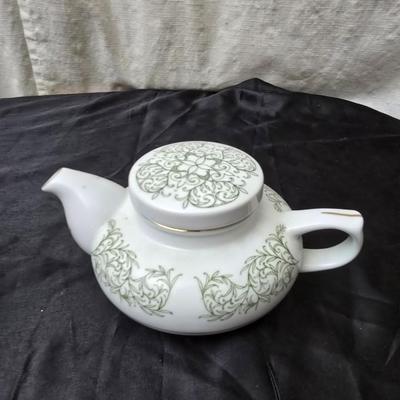 Vintage Mlesna tea pot with Green Accent trim - Pier 1 tea pot - sugar bowl and tea strainers