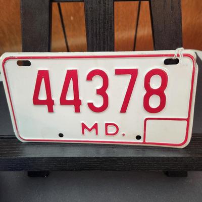 Vintage 1970's RED Maryland Motorcycle License Plate 44378 Man Cave Garage