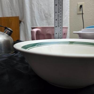 Chrome revere tea pot - corning ware casserole dishes - batter pitcher and more