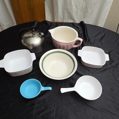 Chrome revere tea pot - corning ware casserole dishes - batter pitcher and more