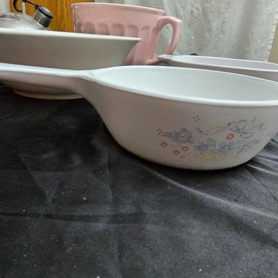 Chrome revere tea pot - corning ware casserole dishes - batter pitcher and more